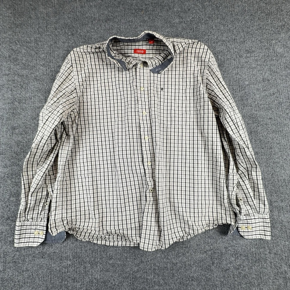 IZOD Shirt Mens Large White Check Long Sleeve Button Up Cotton Casual Logo